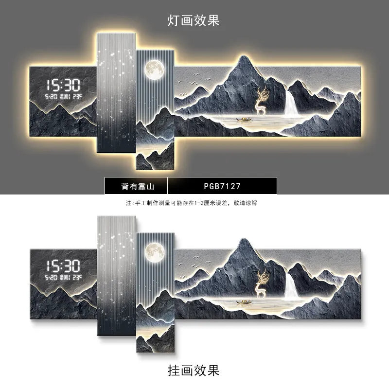 Cuadro mural LED estilo chino con reloj electrónico y paisaje nocturno con luna en luz