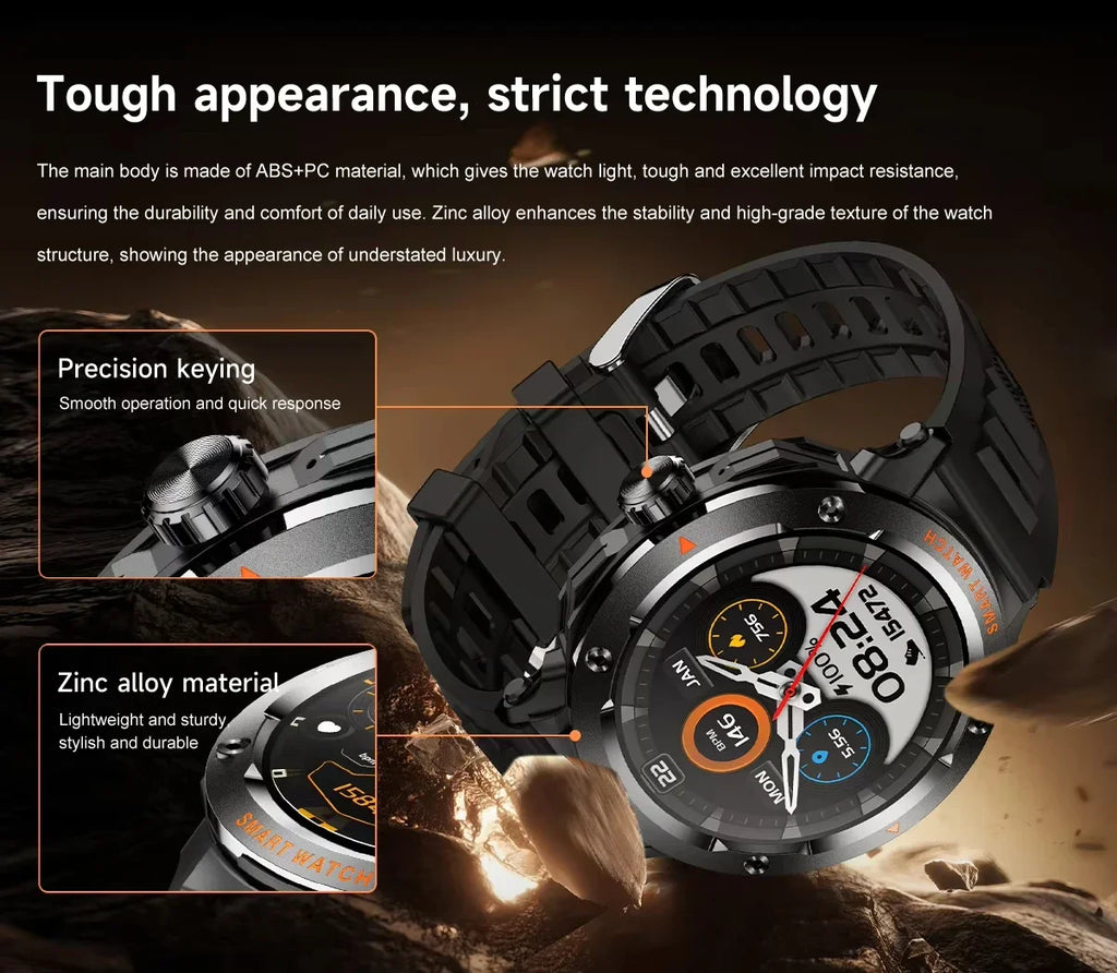Smartwatch militar para hombre con auriculares inalámbricos integrados, acceso a puertas NFC, monitor de frecuencia cardíaca, reloj inteligente deportivo para iOS y Android