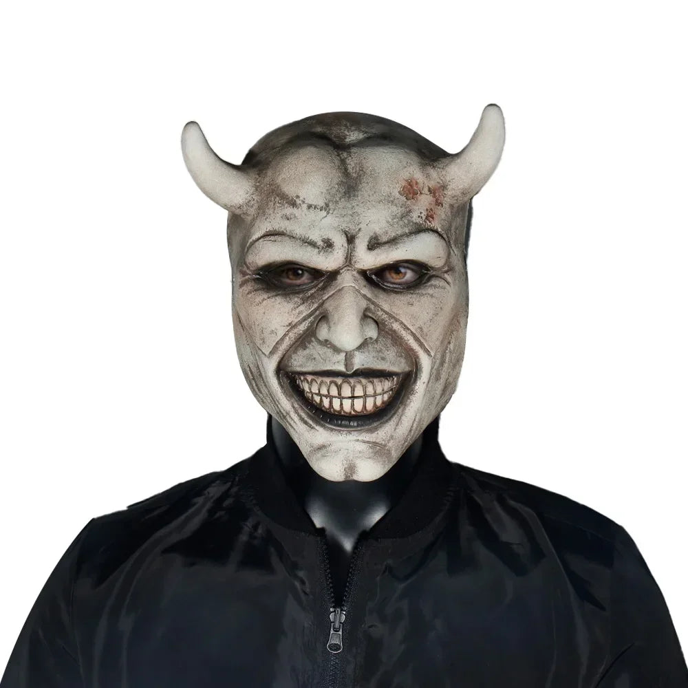 Máscara de cuerno malvado de terror The Grabber, disfraz de cosplay de The Black Phone, casco de látex de media cara aterrador, accesorios de disfraz para fiesta de Halloween y carnaval.