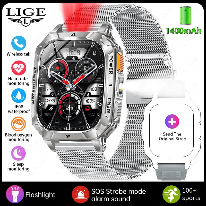 LIGE Outdoor Military Smart Watch Men 1400mAh Big Battery LED Flashlight SOS Alarm Bluetooth Call 100+Sports Modes Waterproof Smartwatch For Android IOS
