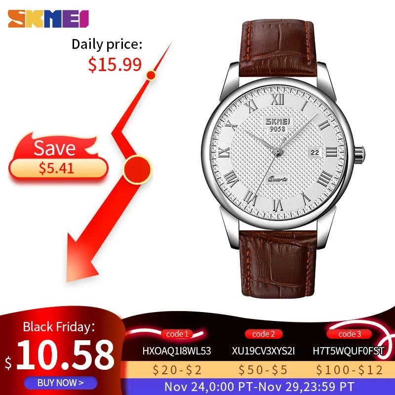 Reloj de cuarzo para hombre Skmei, resistente al agua 3Bar, reloj de pulsera para hombre, marca superior de lujo con correa de cuero 9058