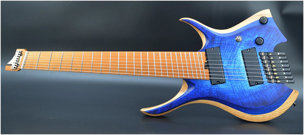Guitarra NK 2026, con trastes en forma de abanico, 8 cuerdas, cuello con unión en forma de cuña, guitarra eléctrica sin clavijero, color azul brillante, cuello de arce, envío gratuito.