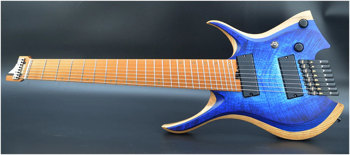 Guitarra NK 2026, con trastes en forma de abanico, 8 cuerdas, cuello con unión en forma de cuña, guitarra eléctrica sin clavijero, color azul brillante, cuello de arce, envío gratuito.
