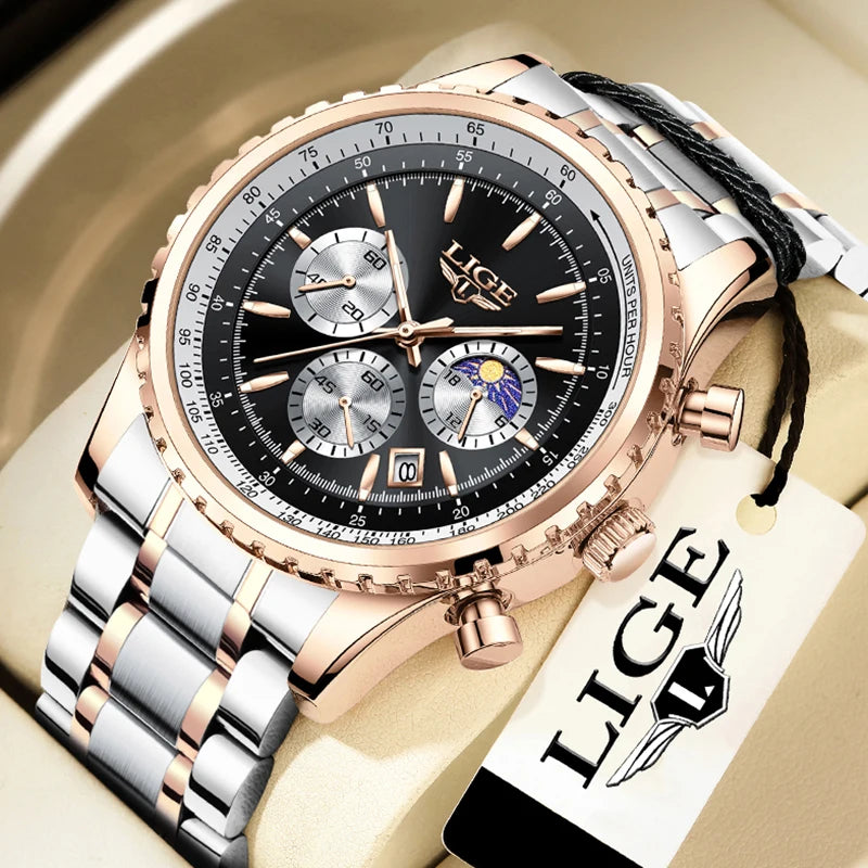 Reloj para hombre LIGE, nuevo reloj de acero completo, resistente al agua, luminoso, de cuarzo, de moda, militar, con fecha y cronógrafo.