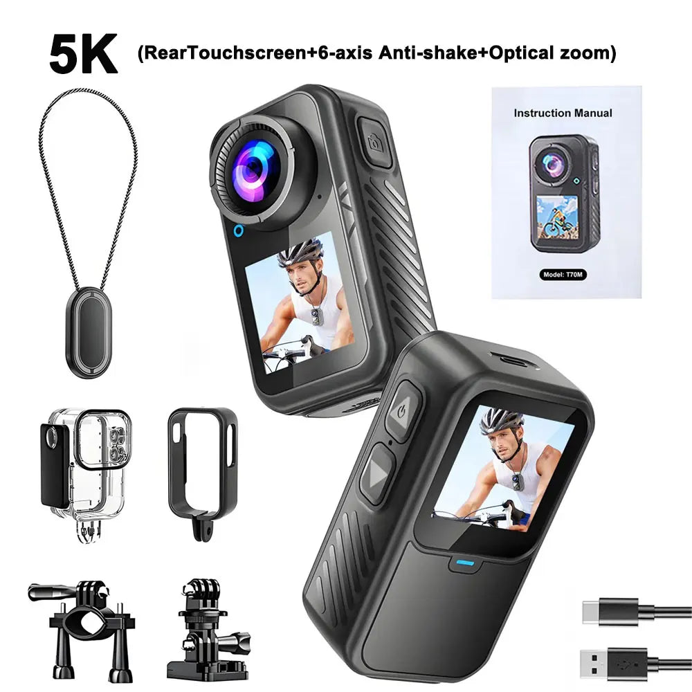 ANSVICAM Cámara de Acción Mini 5K, Cámara Deportiva 4K60FPS con Estabilización EIS, Pantallas Táctiles Dobles, Resistente al Agua, Cámara Corporal Magnética