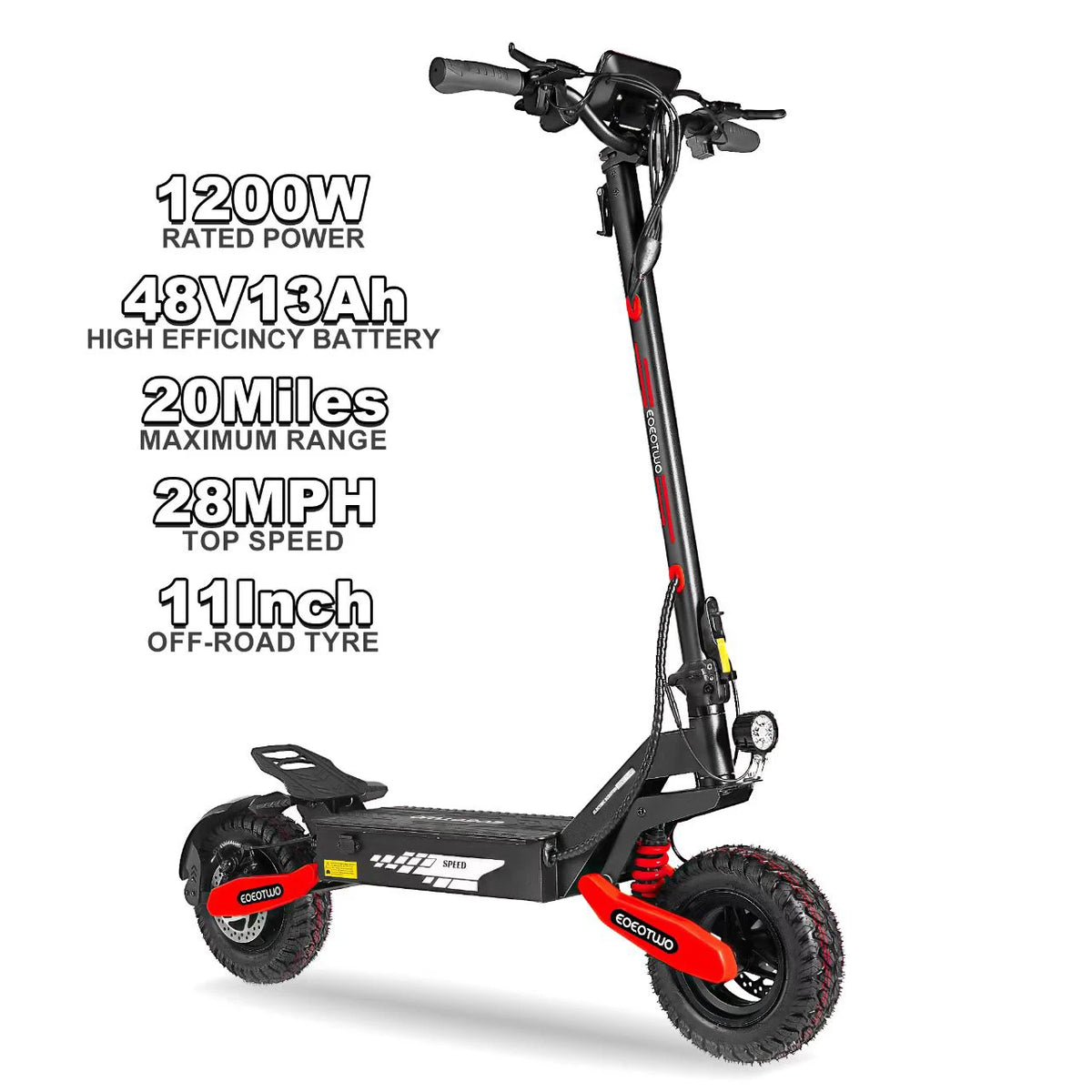 Patinete eléctrico todoterreno plegable negro con ruedas sin cámara de 11" y suspensión roja