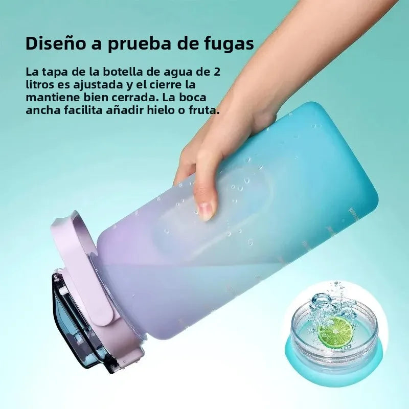 Botella de agua de 2L con pajita, botella de agua deportiva de gran capacidad, botella portátil para viajes, fitness y deportes con marcador de tiempo.