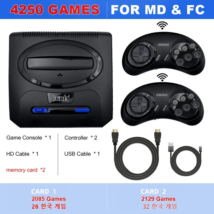 Consola de Videojuegos Retro de 16 Bits con Salida HD, Plug&amp;Play para Mega Drive, con 2 Controles Inalámbricos SG800, Función de Guardado y Carga para Monitor