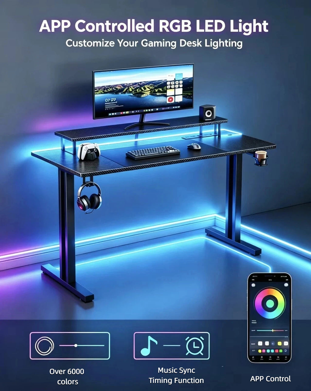 Escritorio gamer con iluminación RGB controlada por app y tiras LED bajo el tablero