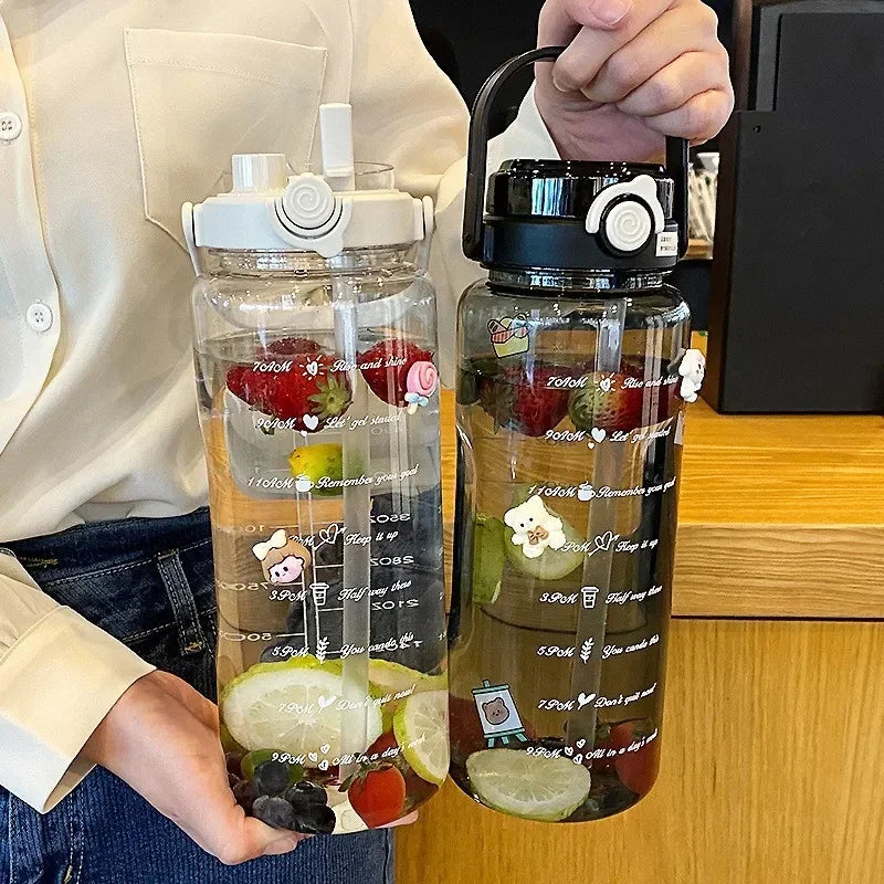Botella de agua con pajita deportiva de 1,5/2 litros con báscula de tiempo, taza de agua de jugo frío de plástico para verano, botellas de viaje portátiles de gran capacidad