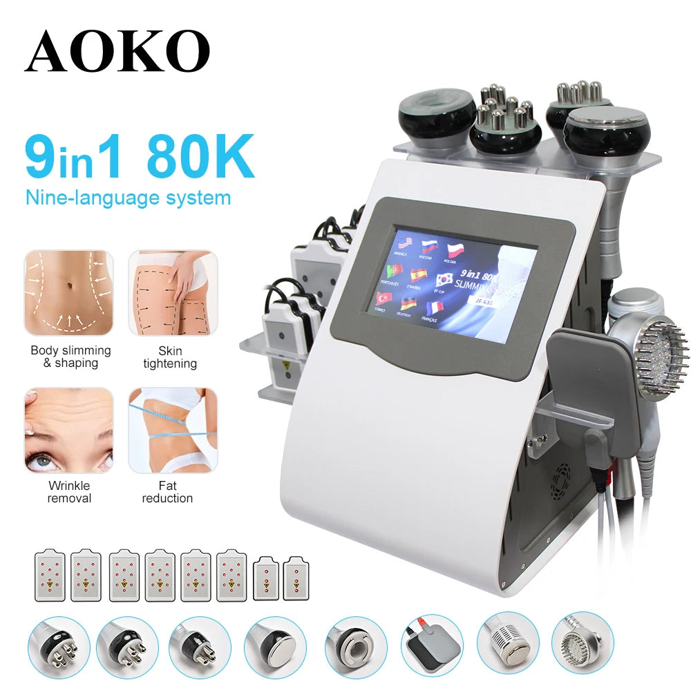 AOKO-Herramienta 9 en 1, cavitación ultrasónica de 80K, máquina de adelgazamiento corporal, Radio multipolar, rejuvenecimiento antiarrugas, estiramiento de la piel