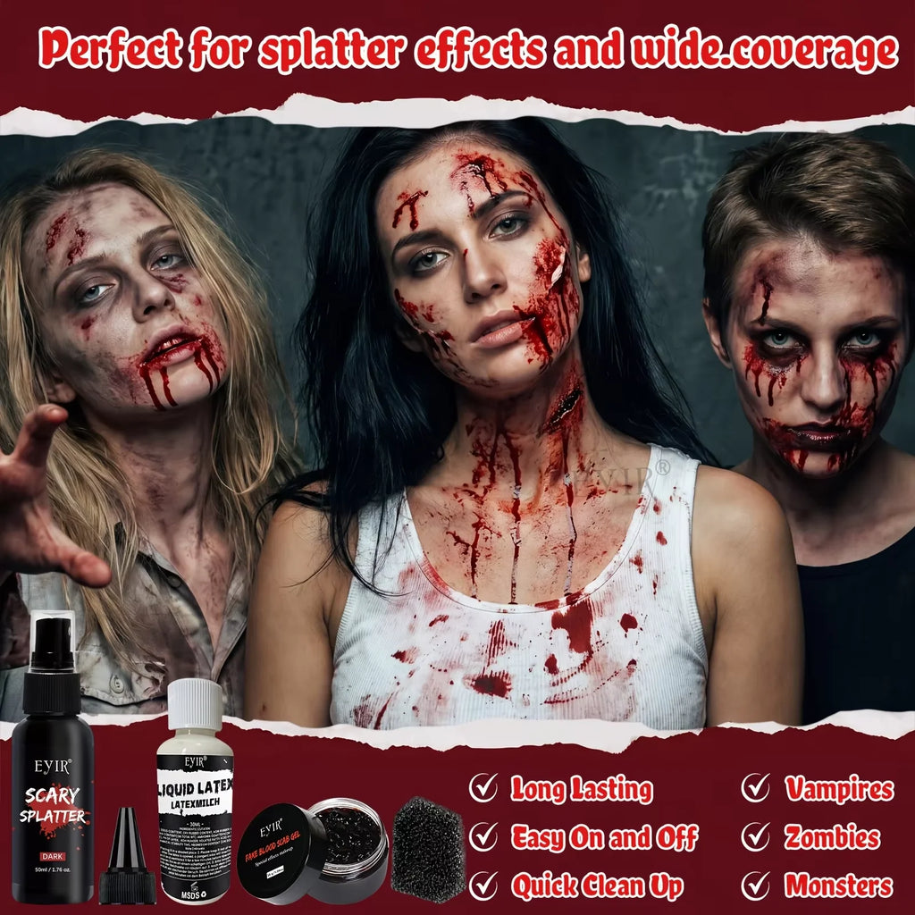 EYIR Kit de Maquillaje SFX Especial Halloween con Spray de Sangre Falsa Gel de Costra Pegatinas de Heridas 3D Esponja para Cosplay Maquillaje de Terror