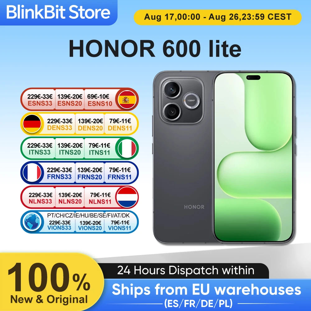 Smartphone HONOR 600 Lite 5G Versión UE MediaTek Dimensity 7100 Elite Pantalla AMOLED de 6,6" a 120Hz 6520mAh SuperCharge de 45W 108MP