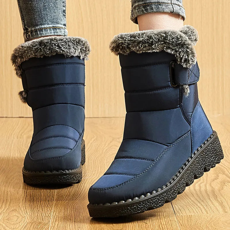 Botas de Mujer tendencia 2025, zapatos de invierno para Mujer, Botas de invierno, Botas de tacón bajo hasta el tobillo, Botas de nieve impermeables con zapatos de piel