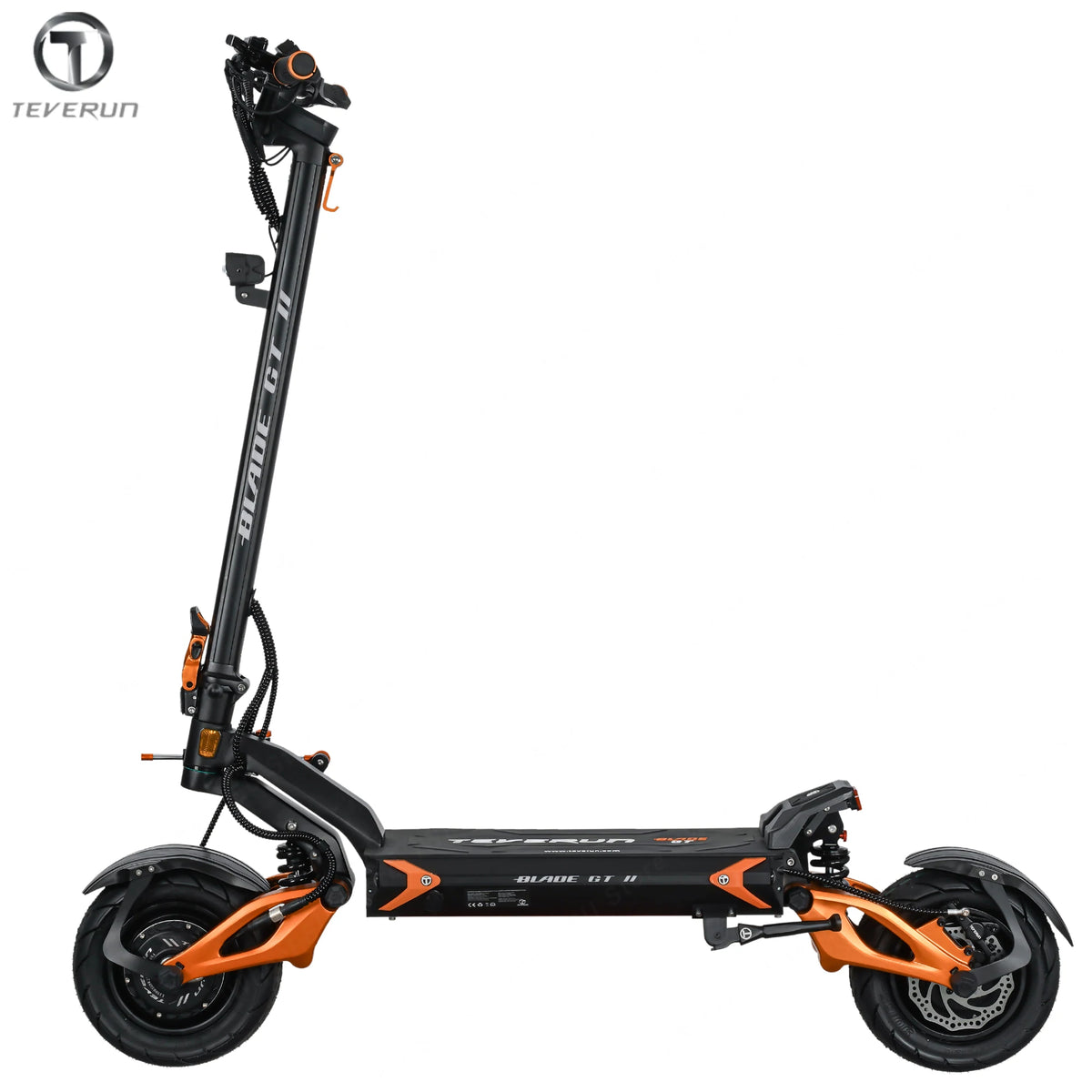Patinete eléctrico plegable negro y naranja, vista lateral con ruedas grandes