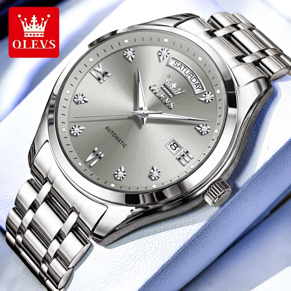 Reloj original de la marca OLEVS 6752 para hombre, reloj mecánico sencillo de lujo con correa de acero y caja de regalo.