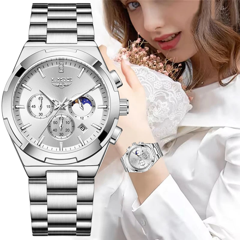 LIGE Waterproof Watch For Women Luminous Stainless Steel 24 Hour Moon Phase Ladies Quartz Watches Casual Sport Date Chronograph