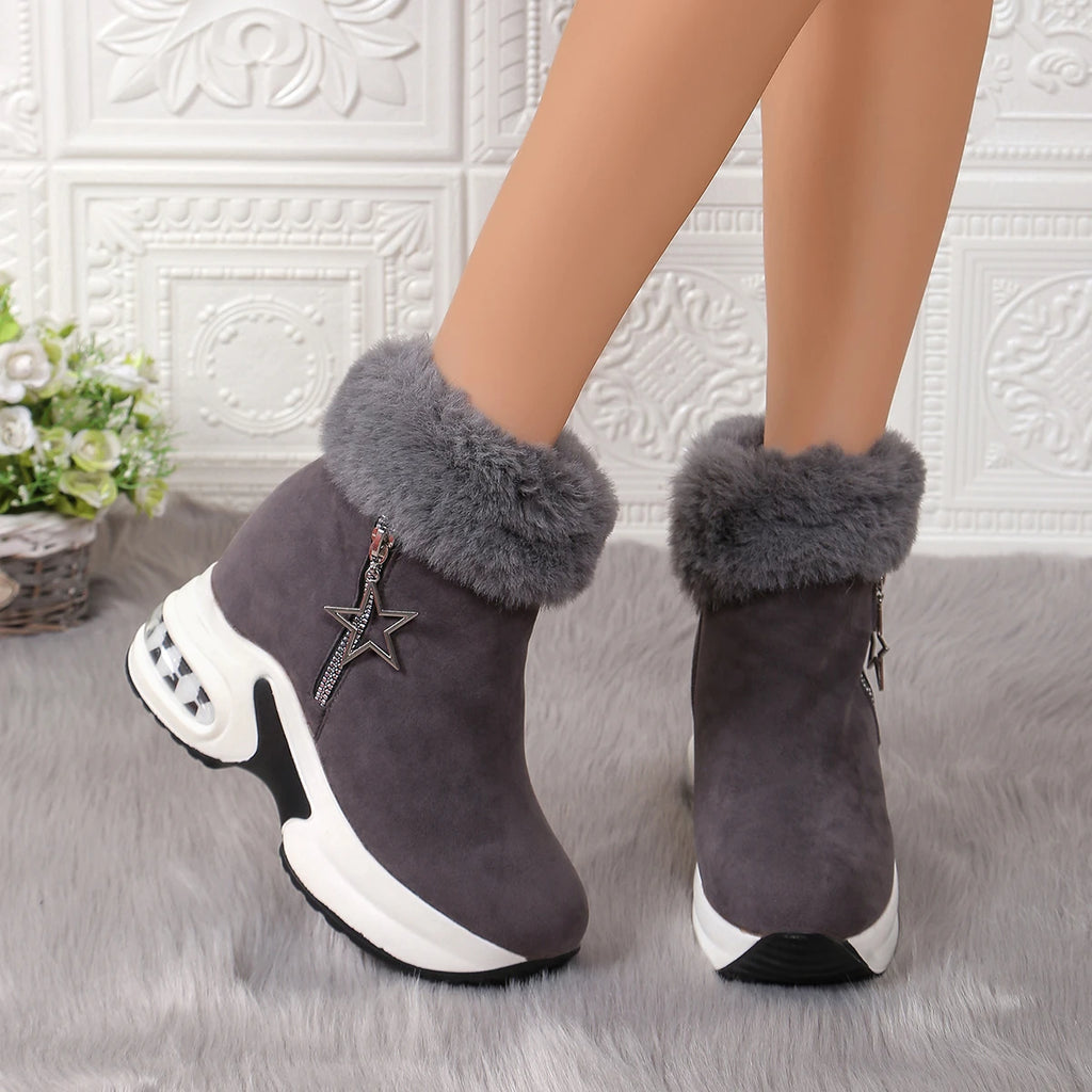 Botas informales de tacón alto para mujer, zapatos de cuña peluda gruesa, botas de nieve con plataforma para exteriores, invierno, 2024