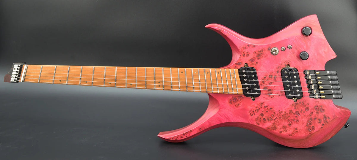 Guitarra eléctrica sin cabeza NK 2026, 6 cuerdas, trastes en abanico, color rosa, madera de álamo con vetas, 3 piezas, mástil de madera de wengué