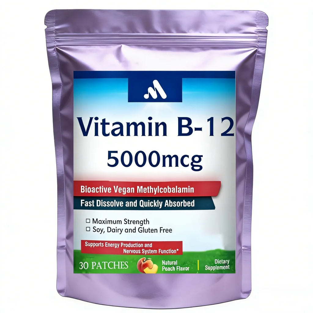 30 Parches Transdérmicos de Vitamina B12 5000mcg, con Vitaminas B2 y B6 - Apoya la Producción de Energía, la Función Cerebral y el Metabolismo