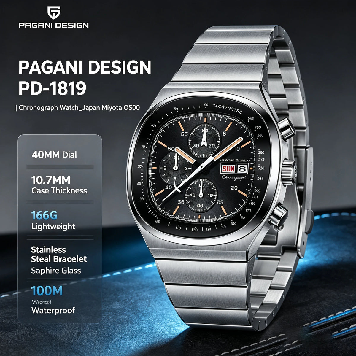 Reloj cronógrafo cuadrado para hombre PAGANI DESIGN con movimiento japonés Miyota OS000, cristal de zafiro, resistente al agua y correa de acero inoxidable, reloj deportivo de pulsera