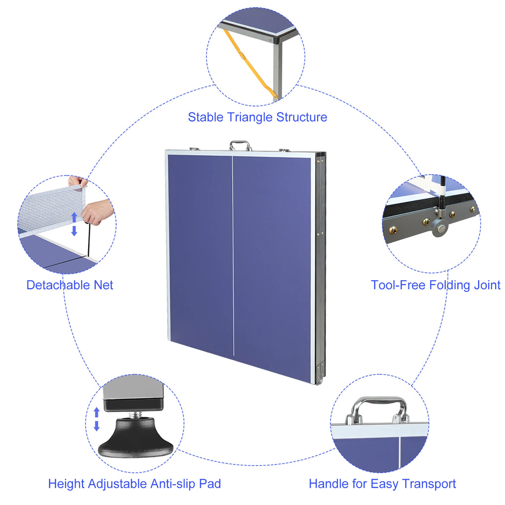 Mesa de ping-pong plegable con red, 2 palas y 3 pelotas - Panel azul de alta densidad, diseño estable de 6 patas, portátil para uso en interiores/exteriores, para niños y adultos