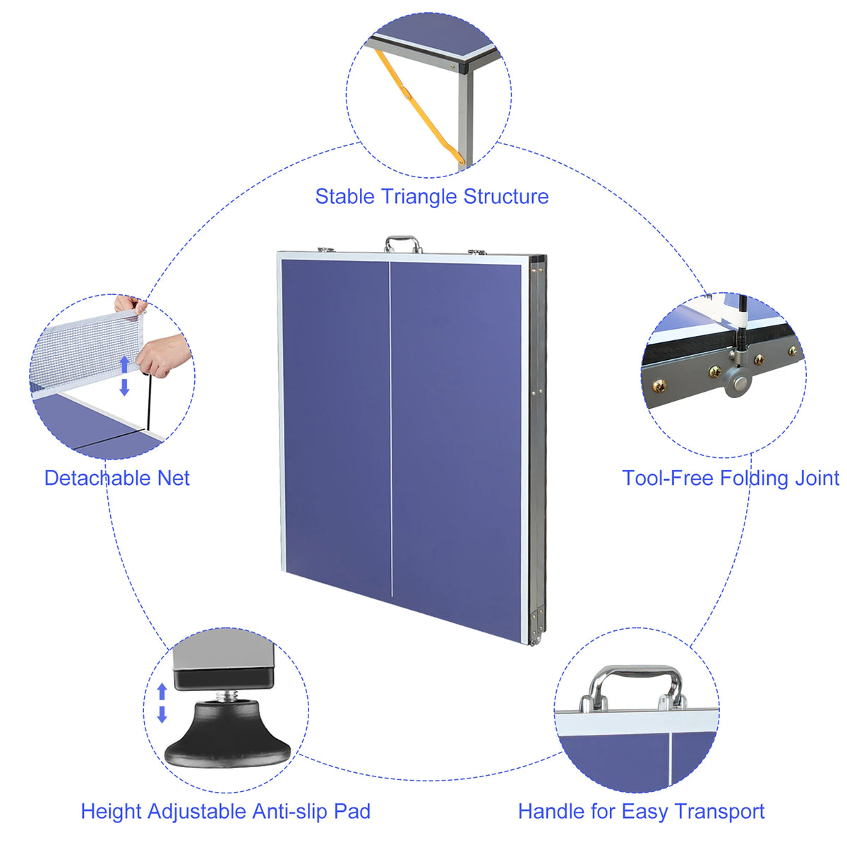 Mesa de ping-pong plegable con red, 2 palas y 3 pelotas - Panel azul de alta densidad, diseño estable de 6 patas, portátil para uso en interiores/exteriores, para niños y adultos