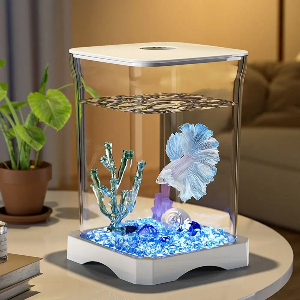 Acuario de acrílico para peces betta, pecera pequeña de alta transparencia con orificio de alimentación, pecera de paisaje extraíble