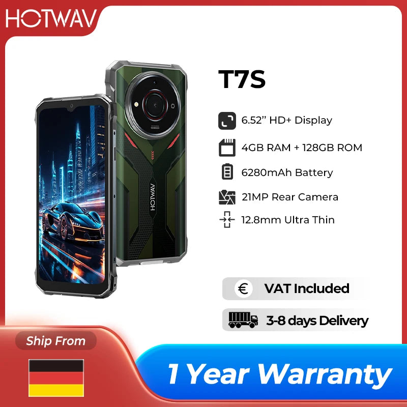 Smartphone robusto HOTWAV T7S, ultra delgado, batería de 6280 mAh, pantalla HD+ de 6.52'', 4 GB de RAM, 128 GB de ROM, cámara de 21 MP, Android 13
