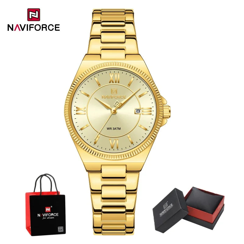 Reloj NAVIFORCE casual para mujer de acero inoxidable, resistente al agua 3ATM, con indicador de fecha, reloj de pulsera clásico para uso diario, caja de regalo incluida