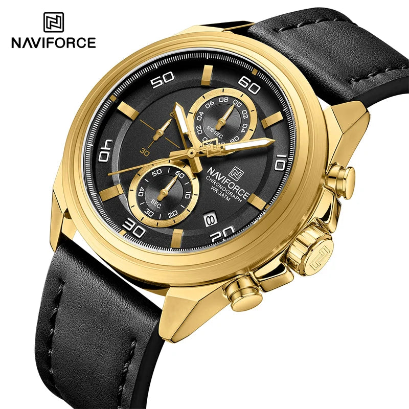Reloj cronógrafo deportivo de lujo NAVIFORCE para hombre, resistente al agua 3ATM, militar, con manecillas luminosas, indicador de fecha y correa de cuero