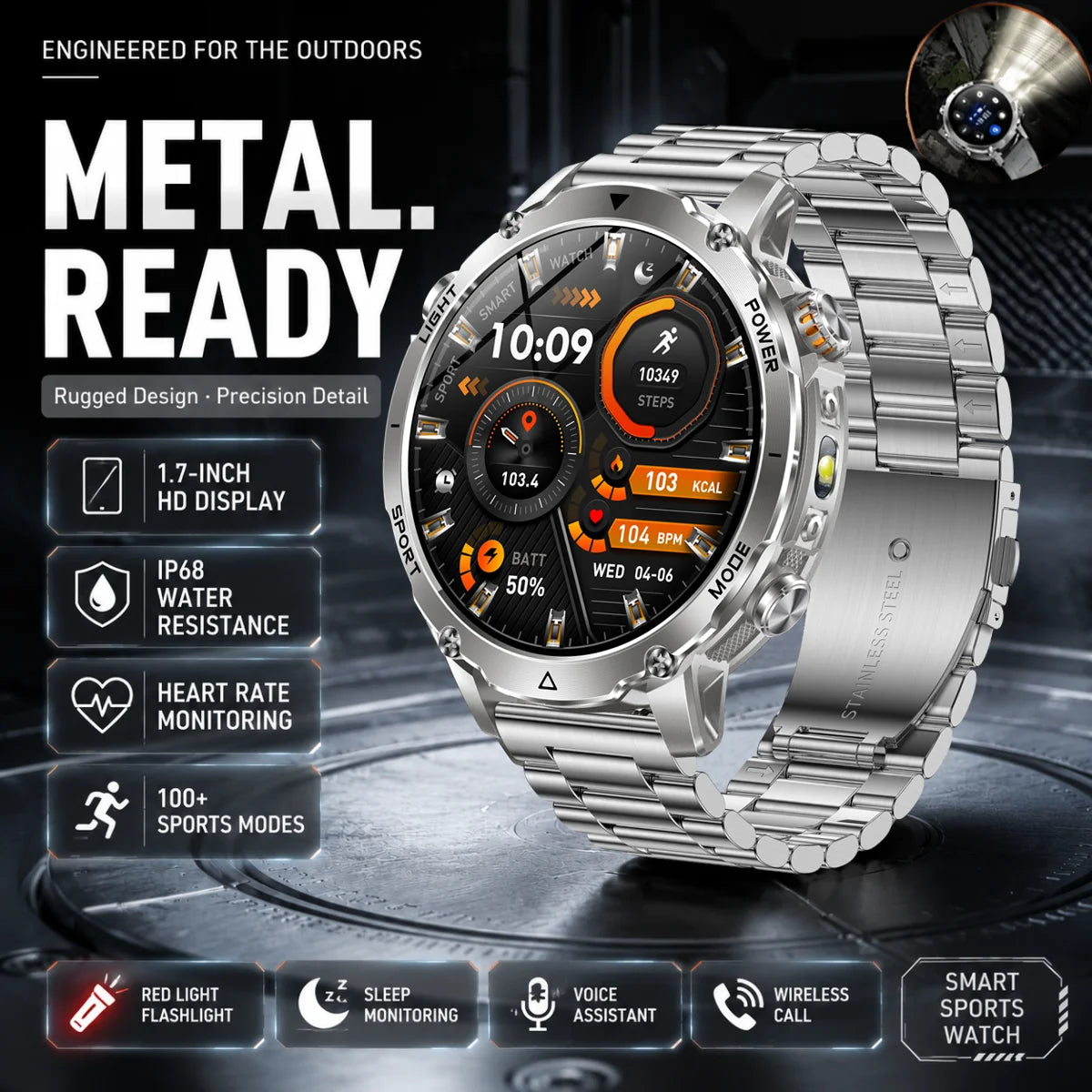 Reloj inteligente deportivo con batería ultra grande de 1400 mAh, frecuencia cardíaca, linterna táctica potente, resistente al agua 10ATM y llamadas para hombre