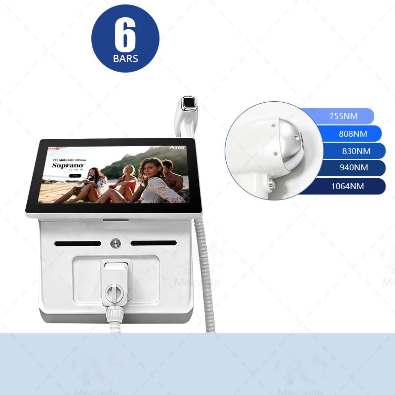 Máquina de depilación láser de diodo Mecavie 6 longitudes de onda 6000W 10 barras tecnología FAC refrigeración TEC puntas intercambiables pantalla táctil múltiples idiomas monitoreo en tiempo real certificada CE RoHS U
