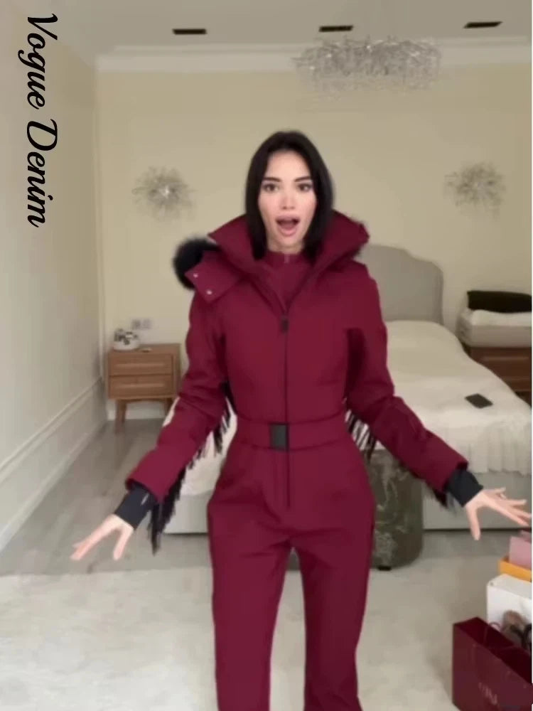Traje de esquí informal con borlas lisas para mujer, cremalleras de piel con capucha, monos ajustados de cintura alta para mujer, moda de invierno 2025, ropa de esquí cálida para mujer