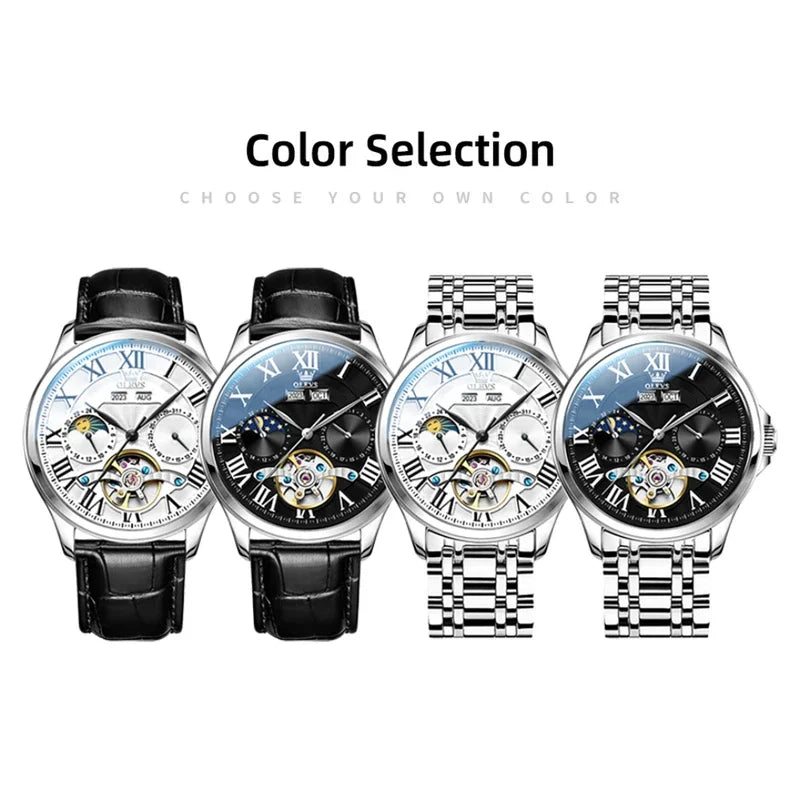 Reloj mecánico de negocios OLEVS 7013 con esfera redonda y correa de acero inoxidable