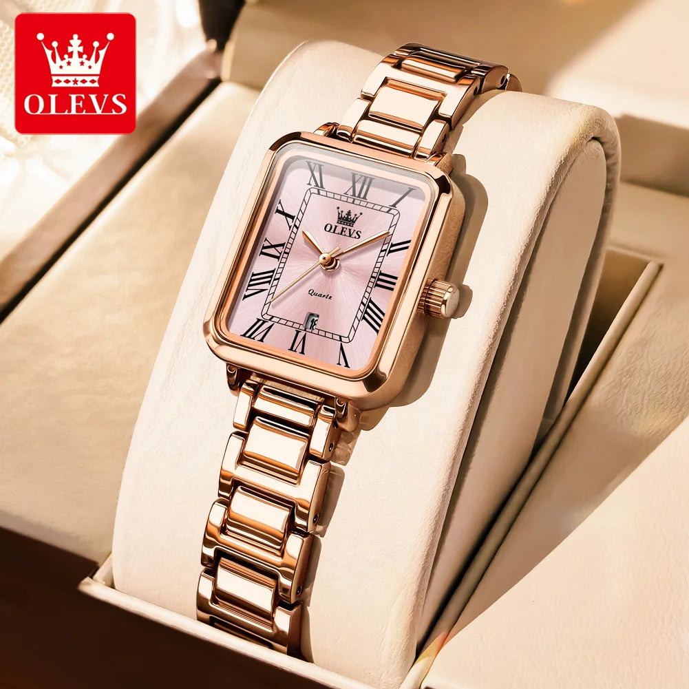 Reloj de pulsera para mujer OLEVS, elegante reloj retro cuadrado para dama, automático con fecha, resistente al agua, correa de acero en oro rosa, reloj de cuarzo original 5641
