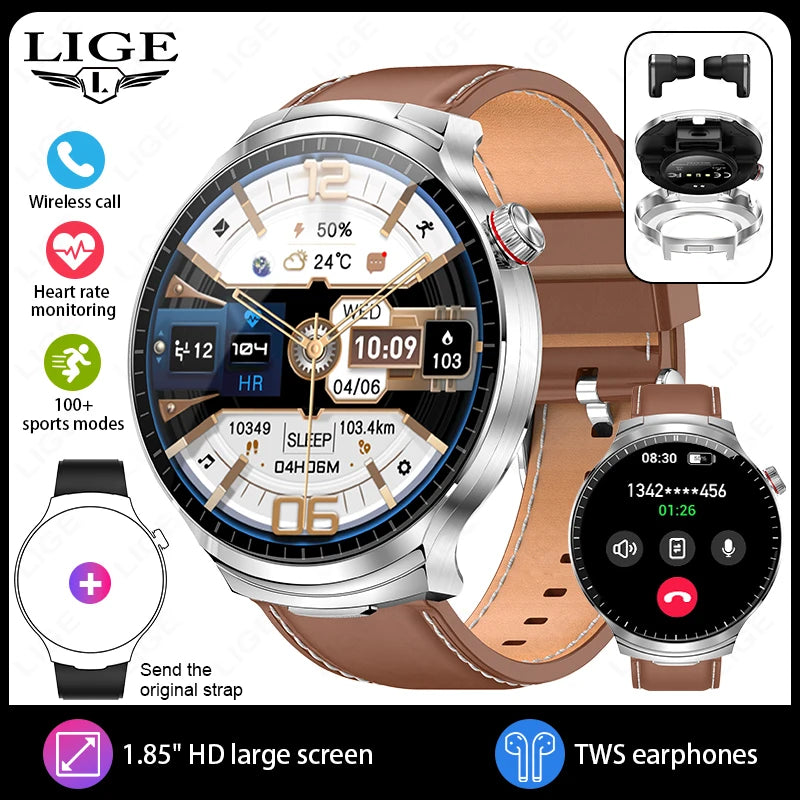 Reloj inteligente LIGE TWS con auriculares, pantalla IPS de 1.85", llamadas BT, monitor de frecuencia cardíaca y sueño, reloj inteligente deportivo resistente al agua para Android e iOS