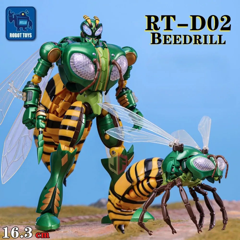 Figura robot verde y amarilla con alas transparentes y patas de insecto metálicas