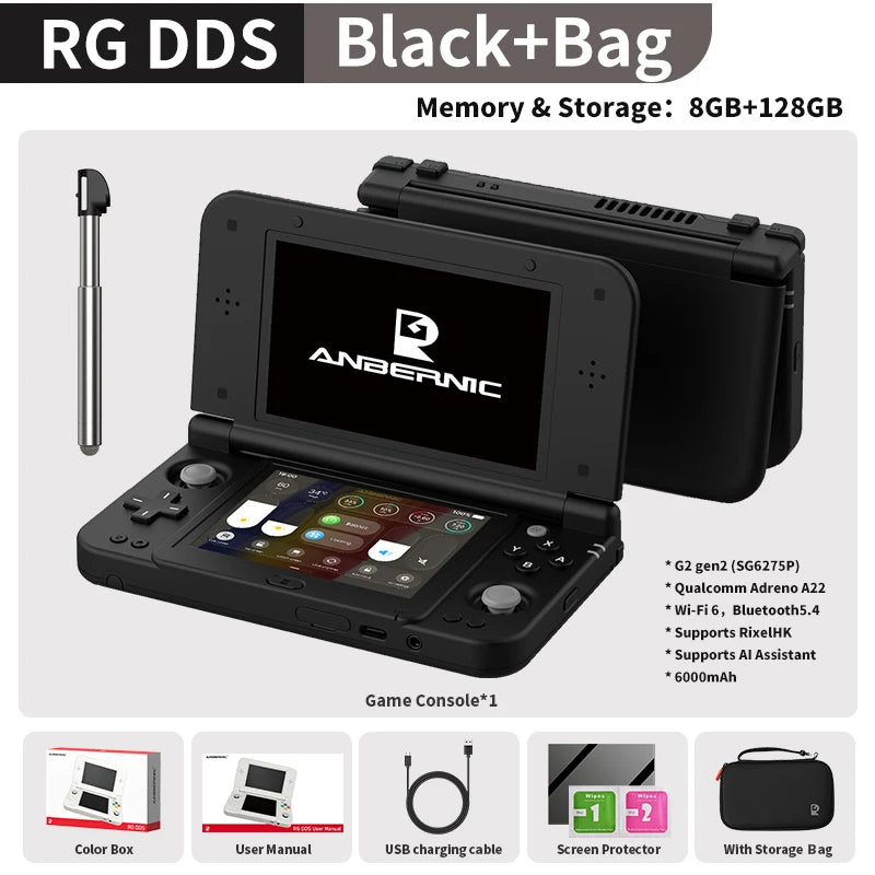 Consola de Juegos Portátil Retro Anbernic RG DDS con Pantalla IPS de 4.7"/4" Doble, Batería de 6000mAh, Android, 16 Juegos, Compatible con Asistente de IA y Streaming