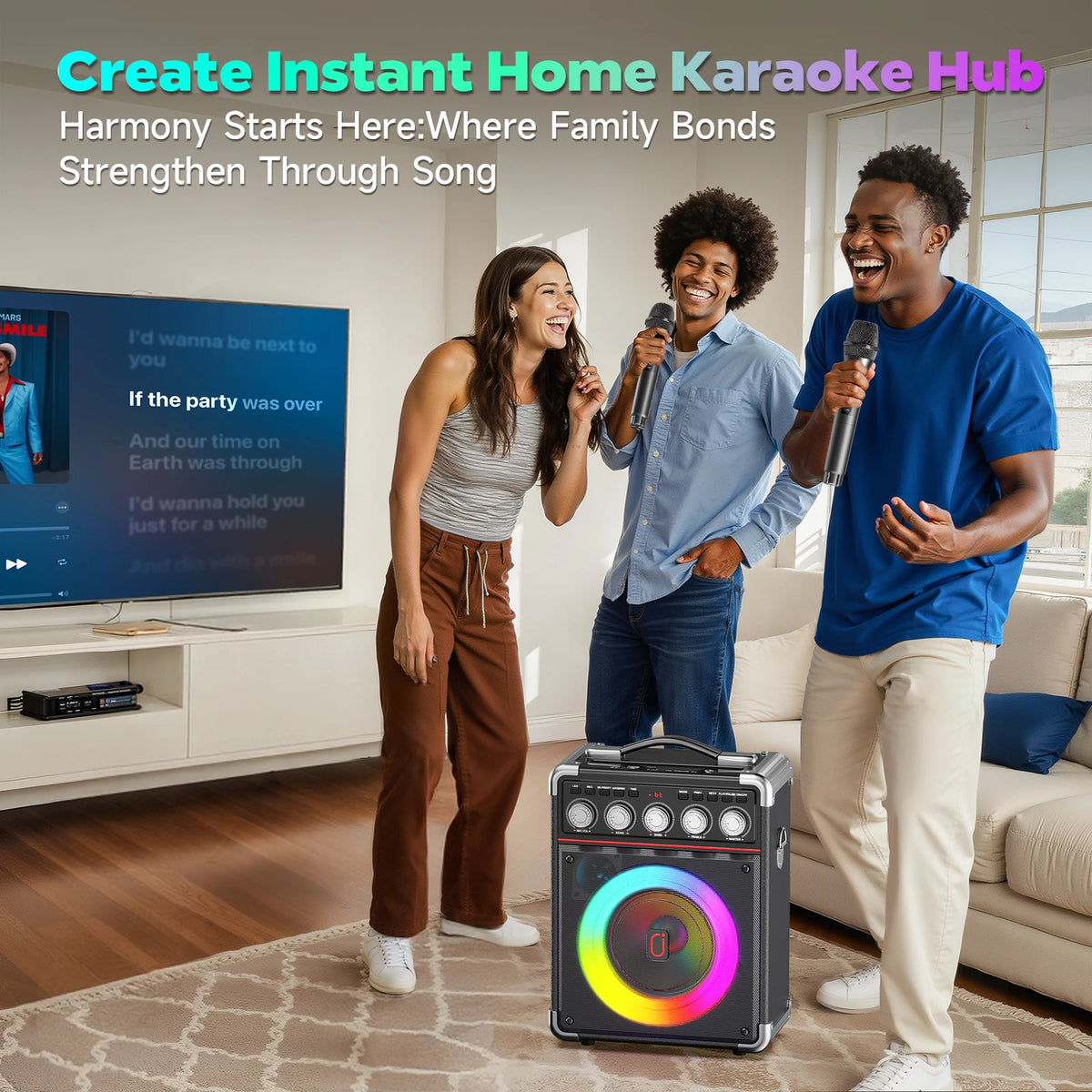 Máquina de Karaoke TX05 con 2 micrófonos inalámbricos, altavoz portátil con sistema de Karaoke con luz RGB para soporte de caja de fiesta en casa, TWS