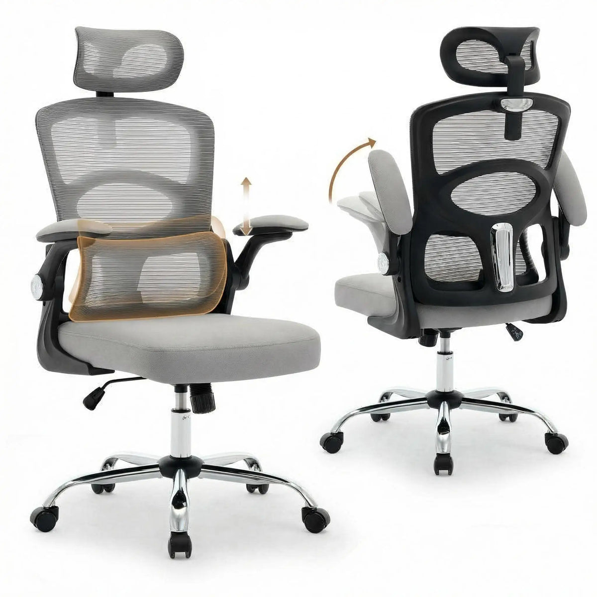 Juego de dos sillas ergonómicas: una gris clara y otra negra, con respaldo de malla.