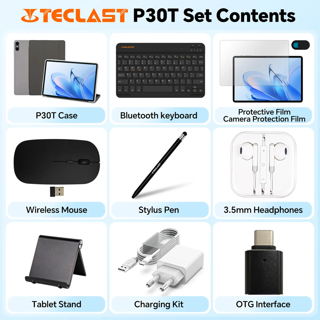 Teclast P30T Case 10.1" Tablet AI Gemini Android 16 16GB(3GB+13GB Expansion) RAM 128GB ROM 8-core CPU All-in-one Keyboard/Case/Mouse/Stylus/Earphones/Tablet Stand