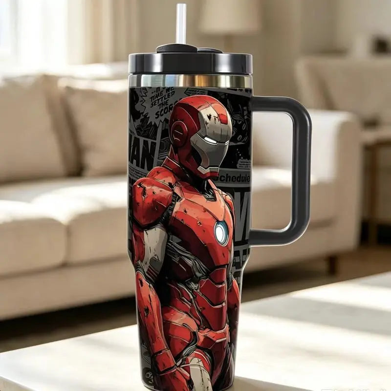 Vaso Térmico de Acero Inoxidable de 40 Onzas con Diseño de Iron Man, Taza de Viaje con Asa y Pajita para Uso Diario