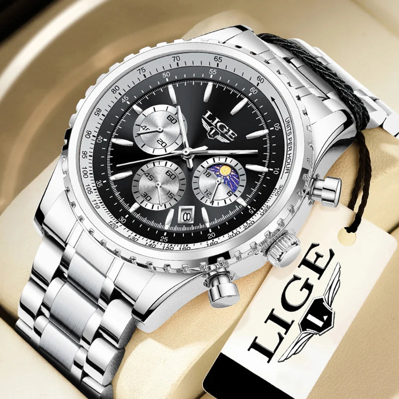 Reloj para hombre LIGE, nuevo reloj de acero completo, resistente al agua, luminoso, de cuarzo, de moda, militar, con fecha y cronógrafo.