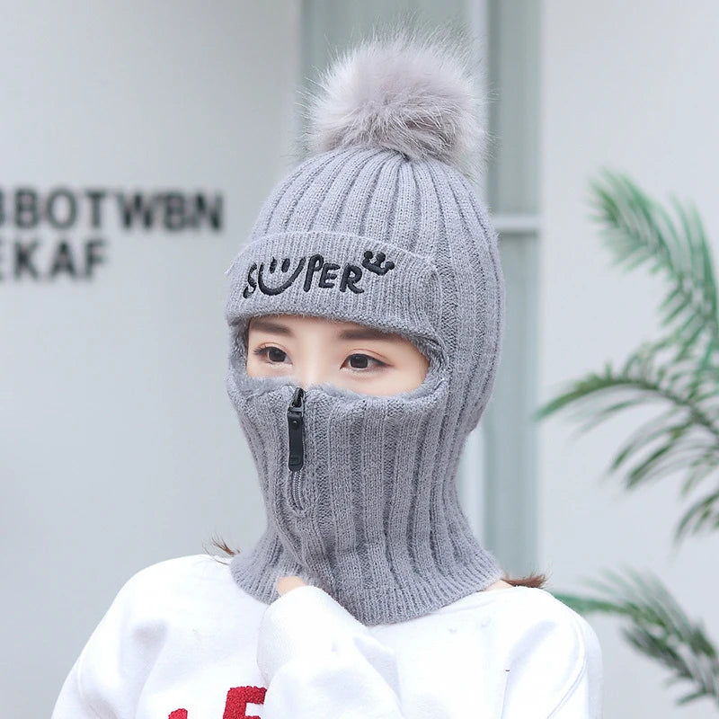 Gorro de invierno de punto para mujer con cremallera, gorro de lana con forro polar y protección contra el viento, ideal para conducir una motocicleta, gorro cálido de estilo coreano.