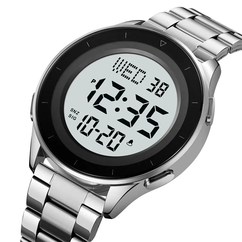 Reloj de pulsera digital LED con doble zona horaria Skmei, correa de acero de lujo, resistente al agua 3Bar, reloj deportivo militar para hombre con alarma