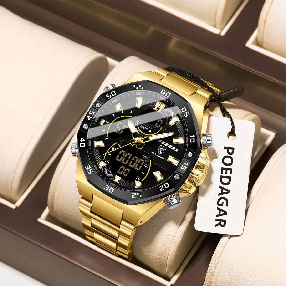 Reloj para hombre POEDAGAR de cuarzo, LED, luminoso, resistente al agua, con fecha y día, de acero inoxidable, a la moda, militar, digital.