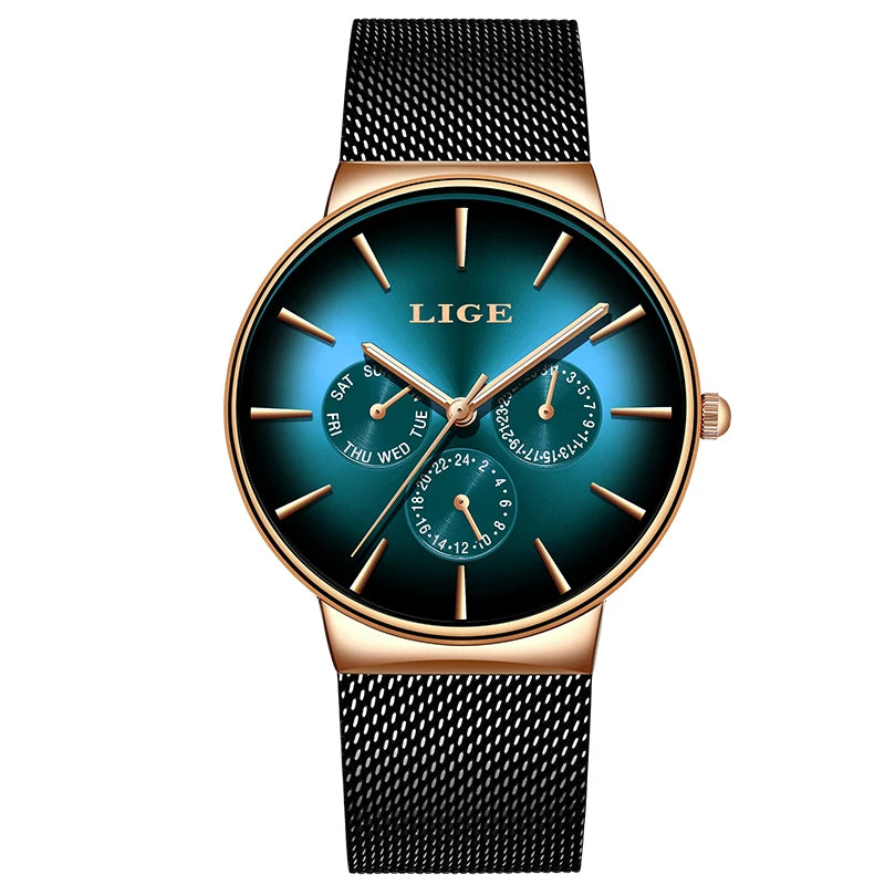 Reloj de mujer LIGE Fashion Luxury, elegante y casual, deportivo con correa de malla, reloj de cuarzo para mujer, sencillo, con fecha, día de la semana e impermeable.