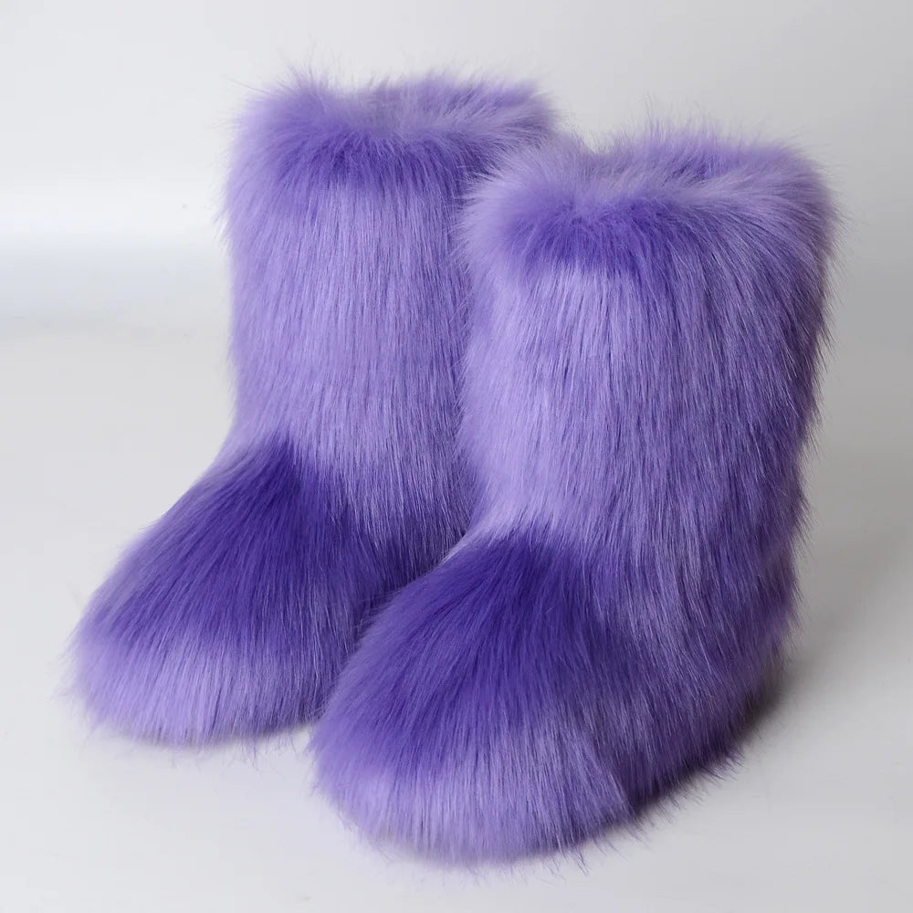 Botas de piel para mujer, botas de nieve de piel sintética peludas y esponjosas de lujo para invierno, botines de plataforma impermeables con cordones, botas de esquí rosas 2024