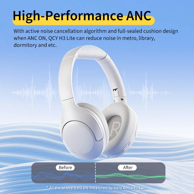 Auriculares inalámbricos QCY H3 Lite con cancelación de ruido activa, Bluetooth 5.3, auriculares para gaming, controlador de 40 mm, sonido HiFi, auriculares de diadema, conexión multipunto